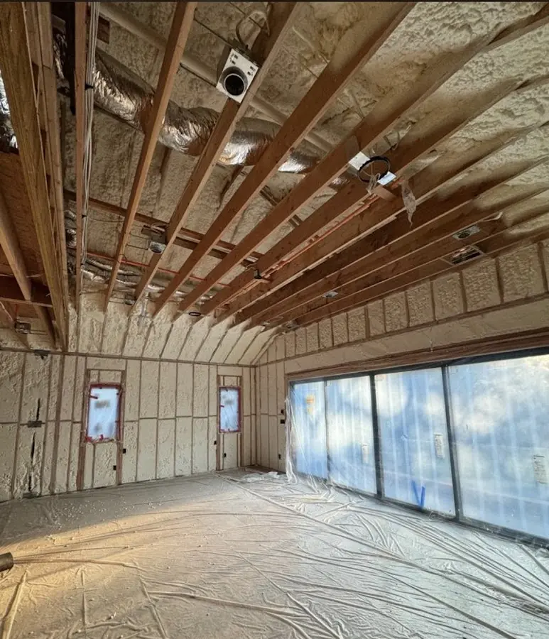 Interior walls and ceiling insulated with spray foam during new construction in Steamboat Springs